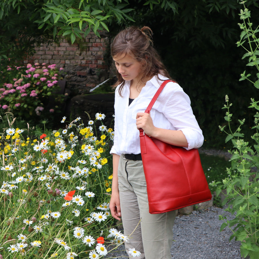 Red leather large handbag, made in Dingle, Ireland on the Slea Head Drive
